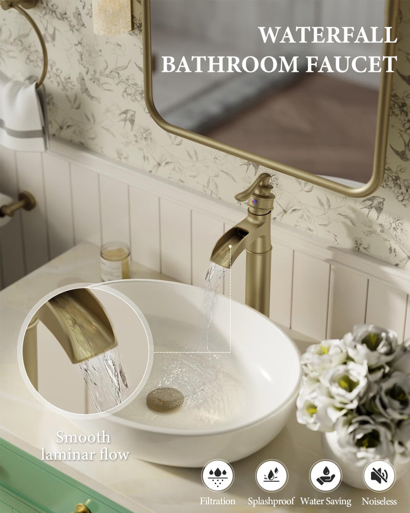 Homevacious Waterfall Vessel Sink Faucet Brass Single Handle 1 Hole Bathroom Sink Faucet with Pop Up Drain Without Overflow Oil Rubbed Bronze Tall Bathroom Faucets Homevacious - Image 2